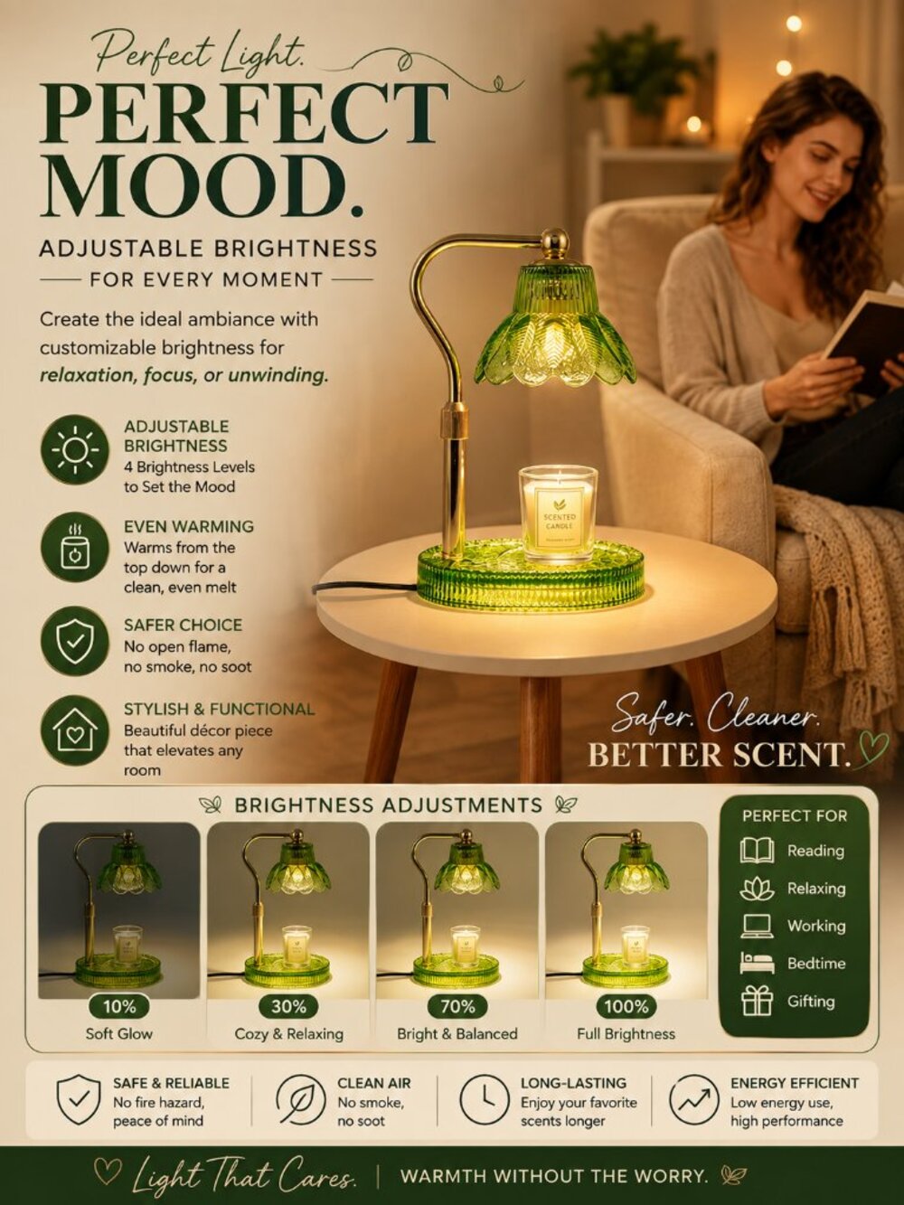 Green & Gold Candle Warmer Lamp Adjustable Brightness Vintage Floral Glass Home